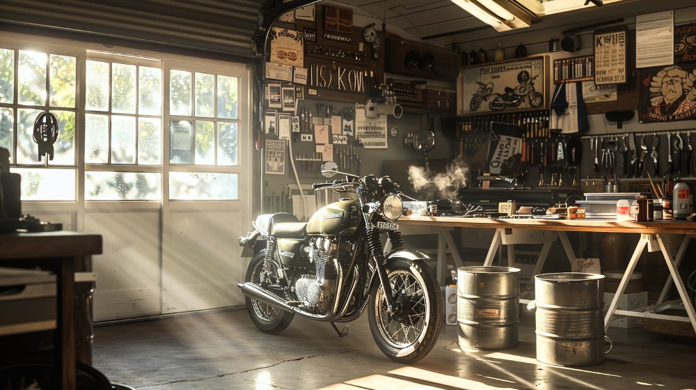 バイクガレージでメンテナンスする風景画像